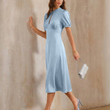 Blue Puffed Sleeve Backless Satin Midi Dress