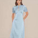 Blue Puffed Sleeve Backless Satin Midi Dress