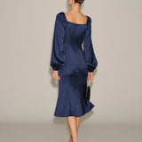 Navy Satin V Neck Ruched Midi Dress