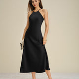 Black Halter Tie Satin Midi Dress
