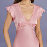 Pink V Neck Lace Satin Midi Dress