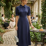 Navy Collar Puffed Sleeve Satin Midi Dress