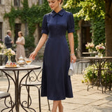 Navy Collar Puffed Sleeve Satin Midi Dress
