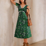 Green Floral V Neck Ruched Midi Dress