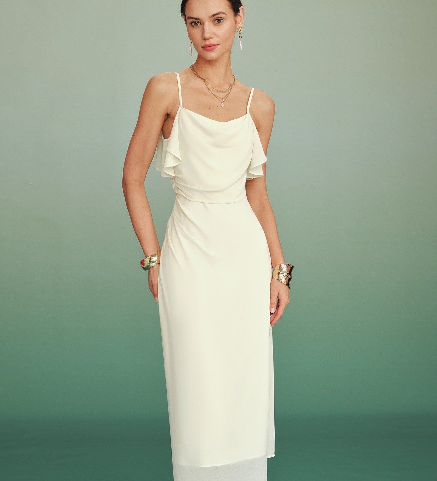 Apricot Ruffle Slip Chiffon Midi Dress