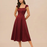 Red Sweetheart Neck Satin Midi Dress