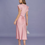 Pink V Neck Lace Satin Midi Dress