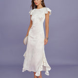 Beige Boat Neck Jacquard Ruffle Midi Dress