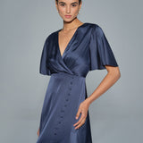 Navy V Neck Satin Midi Dress