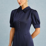 Navy Collar Puffed Sleeve Satin Midi Dress