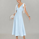 Blue V Neck Cut Out Satin Midi Dress