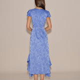 Blue Boat Neck Jacquard Ruffle Midi Dress