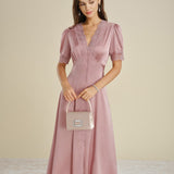 Pink Lace Splicing Satin Midi Dress