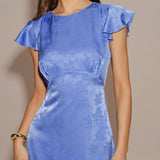 Blue Boat Neck Jacquard Ruffle Midi Dress