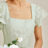 Green Square Neck Floral Textured Midi Dress