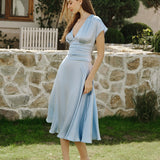 Blue Drop Shoulder Pleated Midi Dress