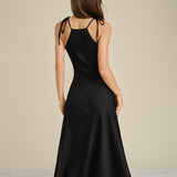 Black Halter Tie Satin Midi Dress