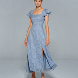 Blue Floral Square Neck Midi Dress