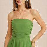 Green Flowy Strapless Midi Dress