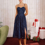 Blue Jacquard A-Line Slip Midi Dress