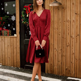 Wine Red Satin V Neck Midi Dress