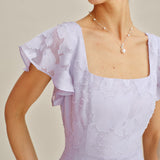 Purple Square Neck Jacquard Midi Dress