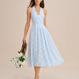 Blue Halter Tie Jacquard Midi Dress