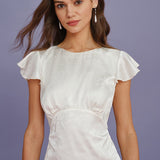 Beige Boat Neck Jacquard Ruffle Midi Dress