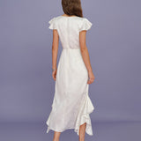 Beige Boat Neck Jacquard Ruffle Midi Dress