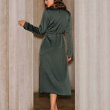 Green Satin Cowl Neck Slit Midi Dress