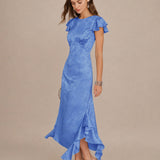 Blue Boat Neck Jacquard Ruffle Midi Dress