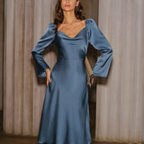 Blue Cowl Neck A-Line Midi Dress
