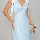 Blue V Neck Cut Out Satin Midi Dress