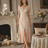 Apricot V Neck Lace Midi Dress