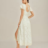 Beige Square Neck Jacquard Midi Dress