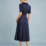 Navy Collar Puffed Sleeve Satin Midi Dress
