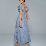 Blue Floral Square Neck Midi Dress