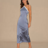 Blue Halter Lace Slip Midi Dress