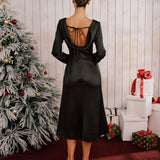 Black Satin Boat Neck Backless Midi Dress