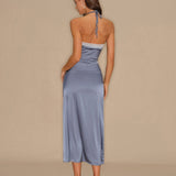 Blue Halter Lace Slip Midi Dress