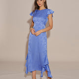 Blue Boat Neck Jacquard Ruffle Midi Dress