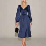 Navy Satin V Neck Ruched Midi Dress
