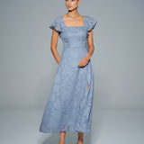 Blue Floral Square Neck Midi Dress