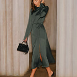 Green Satin Cowl Neck Slit Midi Dress