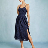 Blue Jacquard A-Line Slip Midi Dress