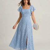 Blue Floral Square Neck Midi Dress