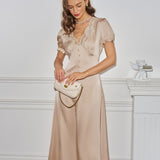 Apricot V Neck Lace Midi Dress
