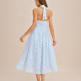 Blue Halter Tie Jacquard Midi Dress