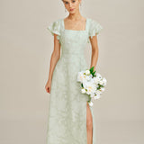 Green Square Neck Floral Textured Midi Dress