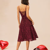 Wine Red Sweetheart Neck Jacquard Slip Midi Dress